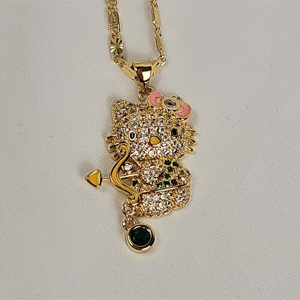 Hello Cupid Kitty Rhinestone Pendant Necklace Gold Tone Green Accent